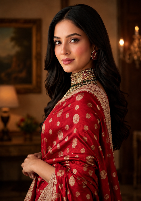 Red Pure Katan Silk Banarasi Handloom Saree - All over Motifs