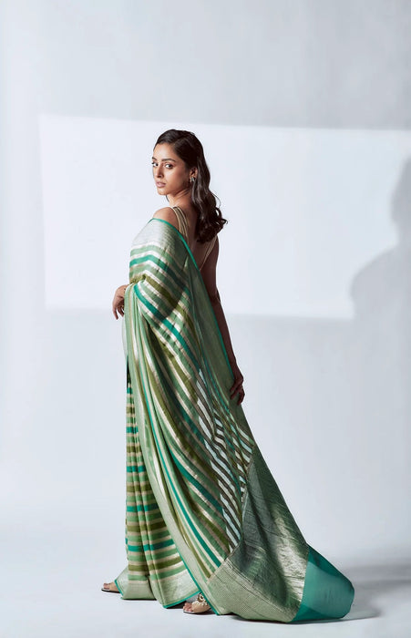 Green Khaddi Georgette Banarasi Handloom Saree - Hand Rangkat Meenakari