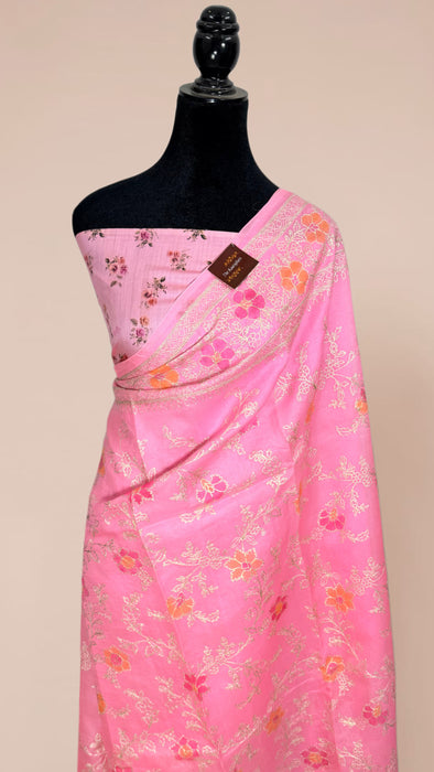 Pink Pure Organza Banarasi Handloom Saree - Chikankari