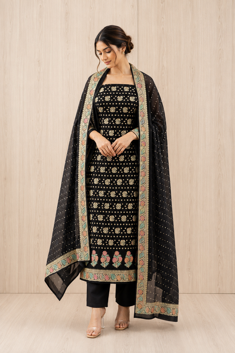 Black Pure Khaddi Georgette Banarasi Suit - Handfilled Meenakari