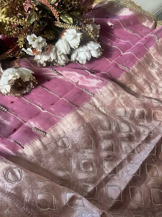 Pink Pure Banarasi Tissue Handloom Saree - Handwork