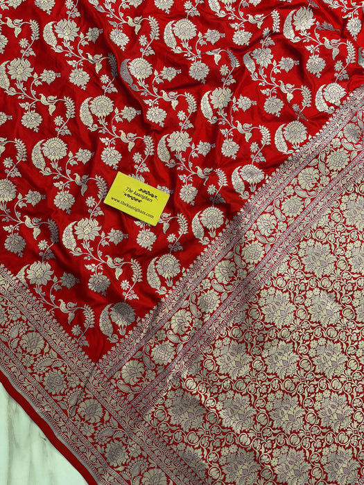 Red Pure Katan Banarasi Handloom Saree - Sona Jaal Work