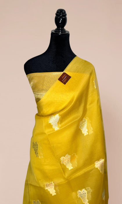 Yellow Pure Kora Banarasi Handloom Saree - Meenakari Motifs