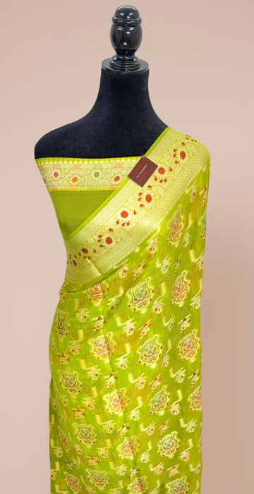 Hazel Green Pure Khaddi Chiffon Banarasi Saree - Meenakari Work