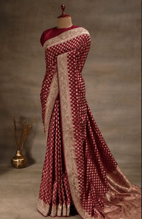 Wine Pure Katan Banarasi Handloom Saree - With Sarowski and Zardozi Work