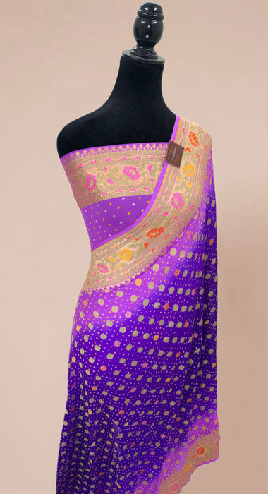Handwoven Purple Pure Georgette Bandhani Banarasi Saree - Meenakari Work