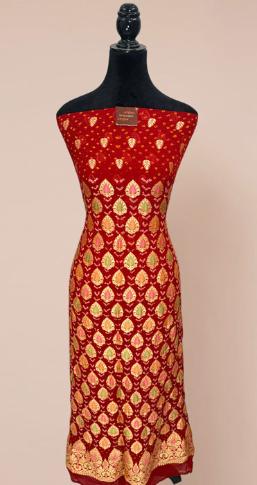 Red Pure Khaddi Georgette Banarasi Bandhani Suit - Meenakari