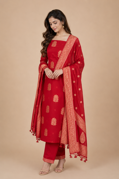 Red Pure Khaddi Georgette Banarasi Suit