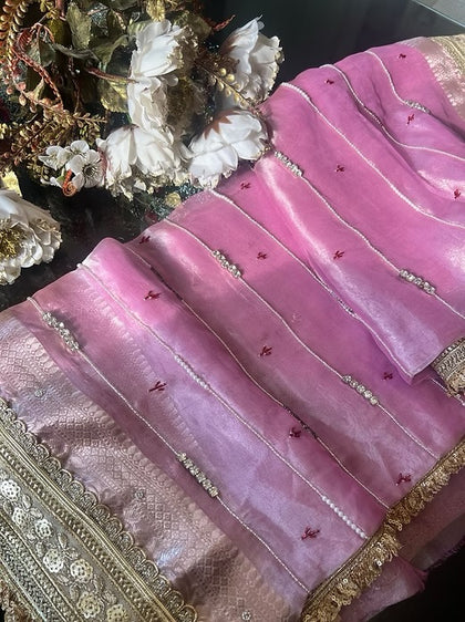 Pink Pure Banarasi Tissue Handloom Saree - Handwork