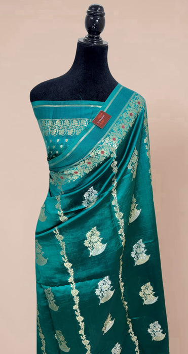 German Green Pure Mango Katan Banarasi Handloom Saree