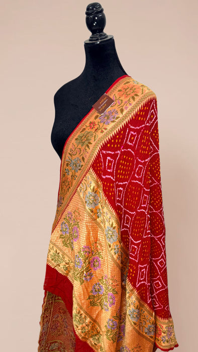 Red Pure Georgette Bandhani Banarasi Handloom Dupatta