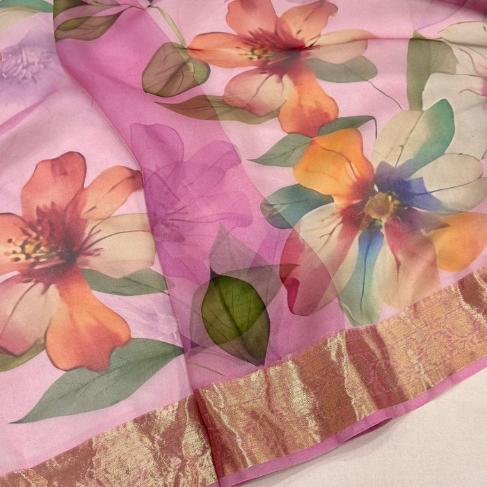 Pink Pure Banarasi Organza Handloom Saree - Floral Print