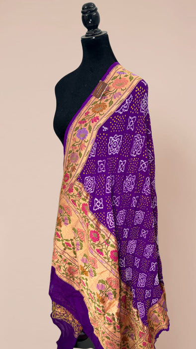 Purple Pure Georgette Bandhani Banarasi Handloom Dupatta