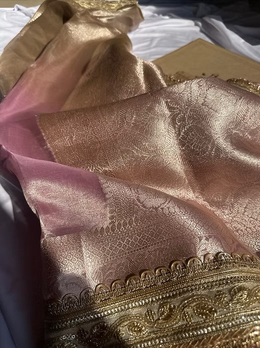 Dual Shade Pink Pure Banarasi Tissue Handloom Saree - Designer Brocade