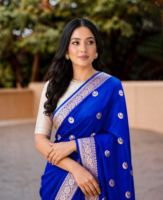 Royal Blue Pure Katan Banarasi Handloom Saree - Designer Chand Buta