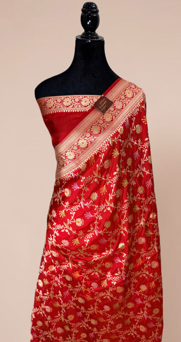 Red Pure Katan Banarasi Handloom Saree - Meenakari Work