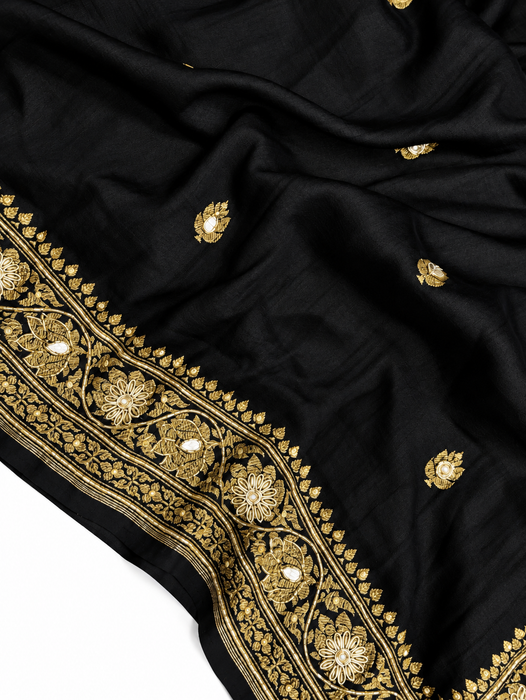 Black Pure Tussar Banarasi Handloom Saree - With Zardozi Work