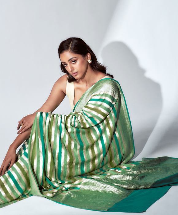 Green Khaddi Georgette Banarasi Handloom Saree - Hand Rangkat Meenakari