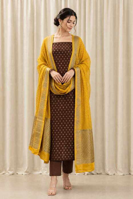 Dark Brown Pure Khaddi Georgette Banarasi Suit