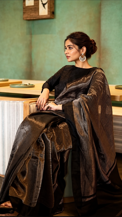 Black Pure Banarasi Tissue Handloom Saree - Designer Satin Border