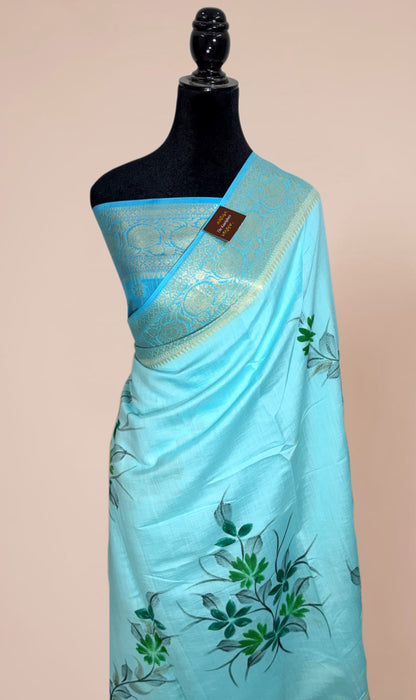 Blue Pure Silk Banarasi Handloom Saree - Hand Painted
