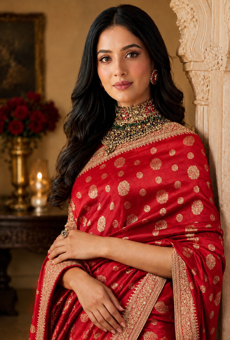 Red Pure Katan Silk Banarasi Handloom Saree - All over Motifs