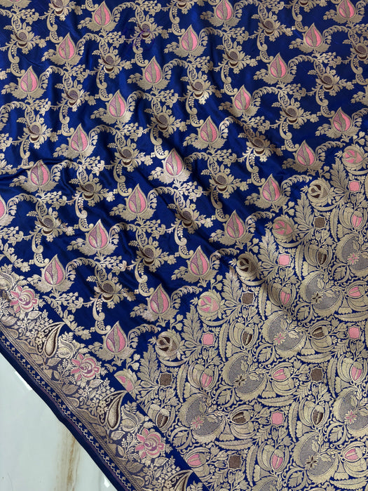 German Blue Pure Katan Banarasi Handloom Saree - Sona Meenakari Jaal Work