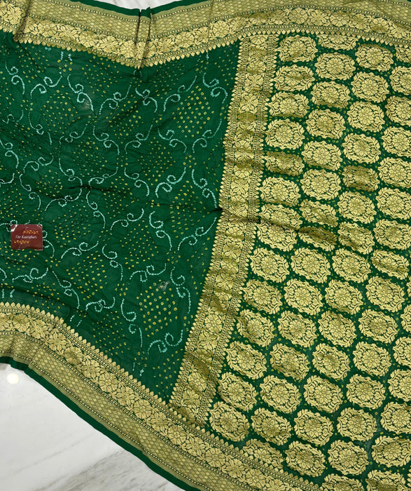 Handwoven Green Pure Georgette Bandhani Banarasi Saree - All over Bandhani Work