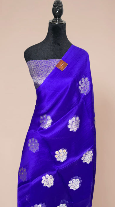 Royal Blue Pure Kora Banarasi Handloom Saree - Meenakari Motifs