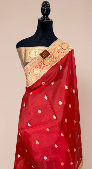 Red Pure Kora Banarasi Handloom Saree - Sona Roopa Motifs