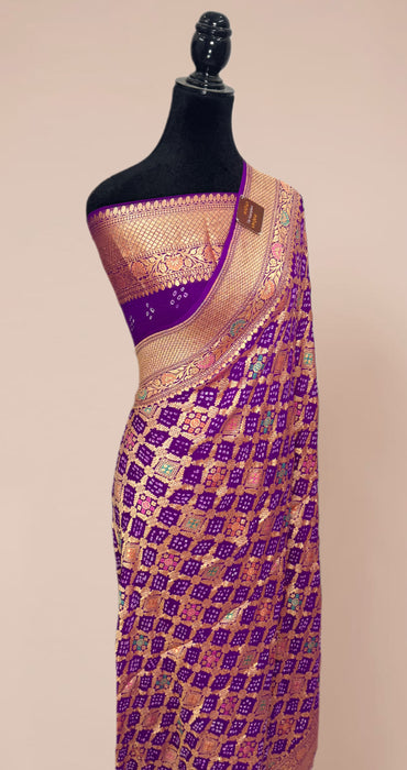 Handwoven Purple Pure Georgette Bandhani Banarasi Saree - Meenakari Work