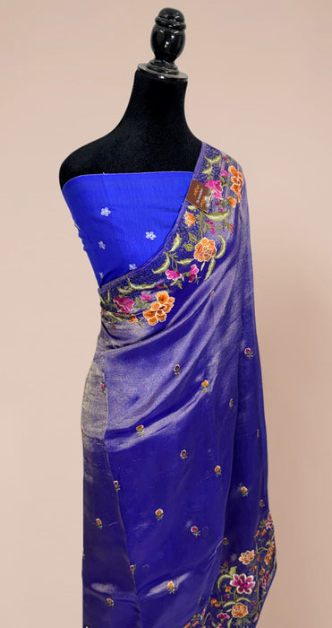 Blue Pure Tissue Banarasi Handloom Saree - Chikankari