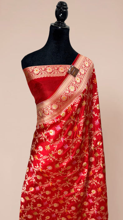 Red Pure Katan Banarasi Handloom Saree - Meenakari Work