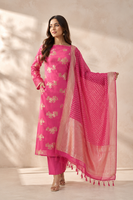 Hot Pink Pure Khaddi Georgette Banarasi Suit