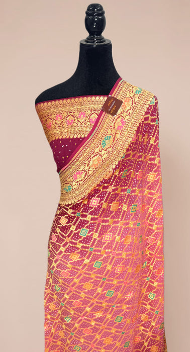 Handwoven Pink Pure Georgette Bandhani Banarasi Saree - Meenakari Work