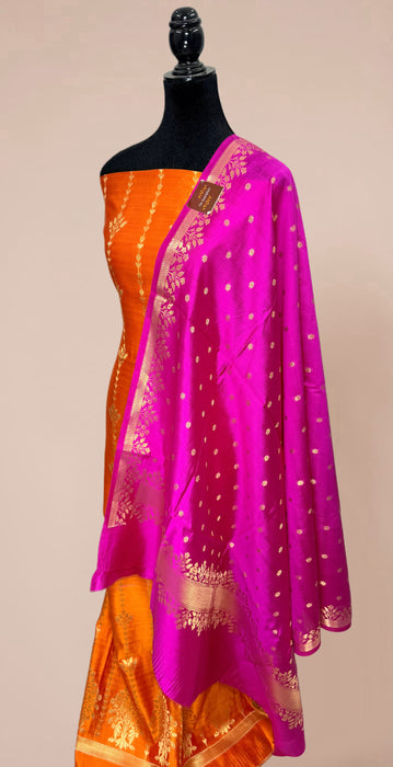 Orange and Rani Pure Chiniya Silk Banarasi Suit