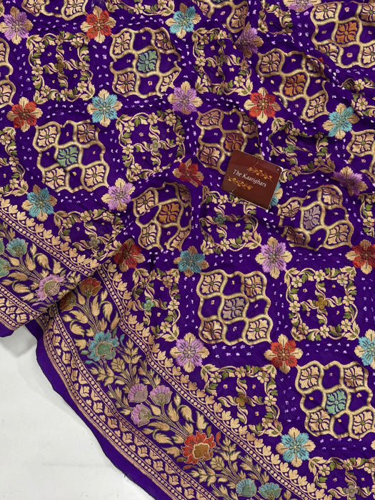 Handwoven Purple Pure Georgette Bandhani Banarasi Saree - Meenakari