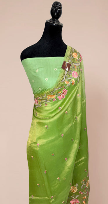 Green Pure Tissue Banarasi Handloom Saree - Chikankari