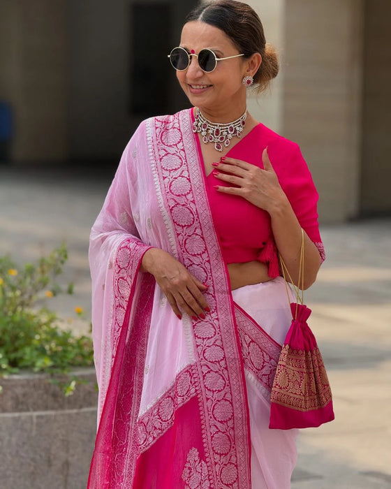 Pure Kadhwa Chiffon Georgette Banarasi Saree - Silver Zari