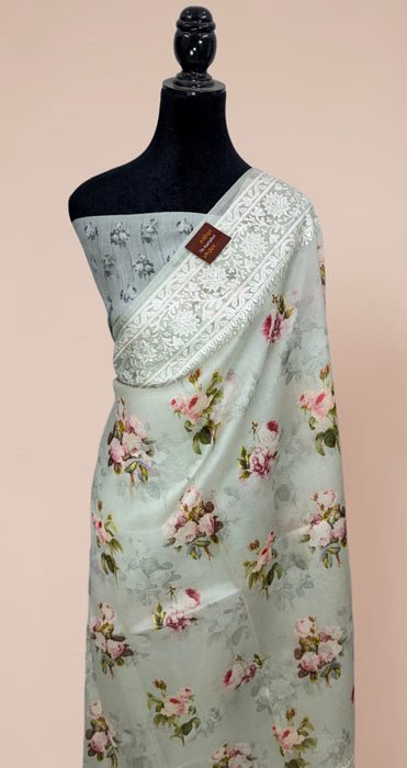 Powder Gray Pure Organza Banarasi Handloom Saree - Chikankari with Digital Print