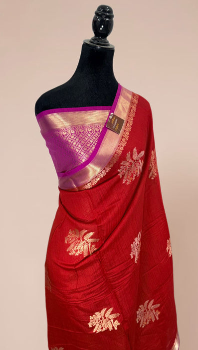 Red and Rani Pure Moonga Banarasi Handloom Saree - Designer Saree