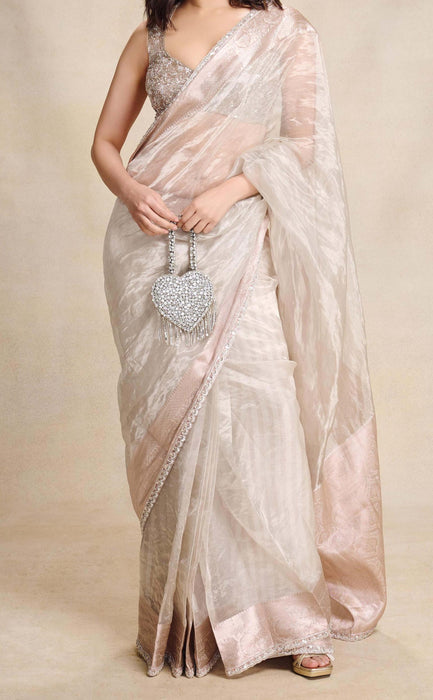 White Pure Banarasi Tissue Handloom Saree - Designer Border