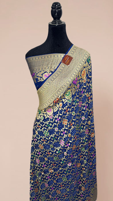 Handwoven Pure Georgette Bandhani Banarasi Saree - Meenakari Work