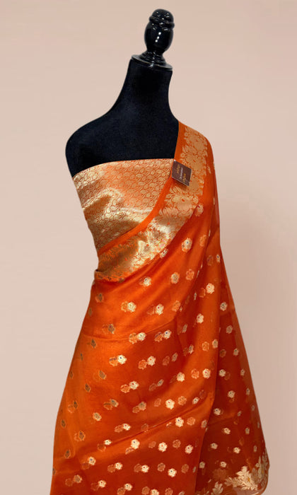 Orange Pure Kora Banarasi Handloom Saree - Meenakari Motifs