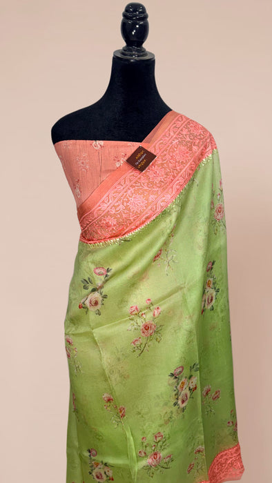 Pista Pure Organza Banarasi Handloom Saree - Chikankari with Digital Print