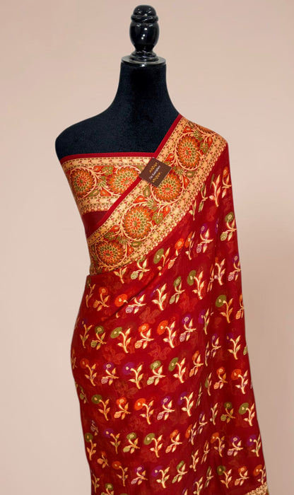 Maroon Pure Khaddi Chiffon Banarasi Saree