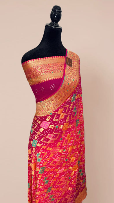 Handwoven Pure Georgette Bandhani Banarasi Saree - Meenakari Work
