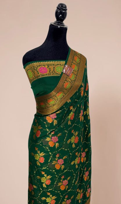 Bottle Green Pure Khaddi Chiffon Banarasi Saree