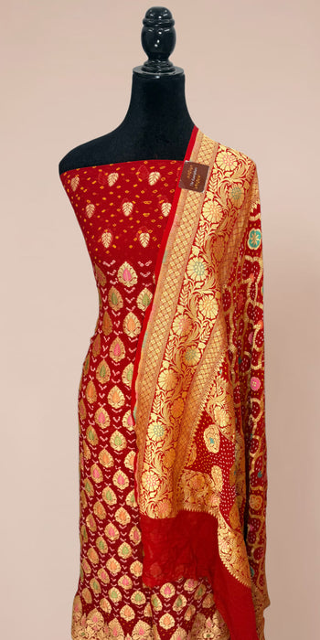 Red Pure Khaddi Georgette Banarasi Bandhani Suit - Meenakari