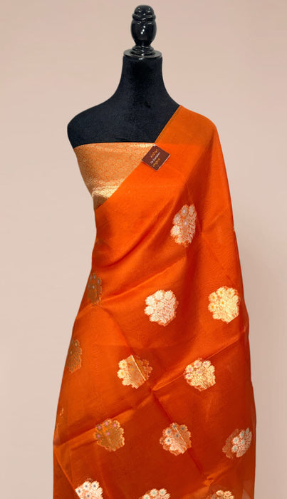 Orange Pure Kora Banarasi Handloom Saree - Meenakari Motifs
